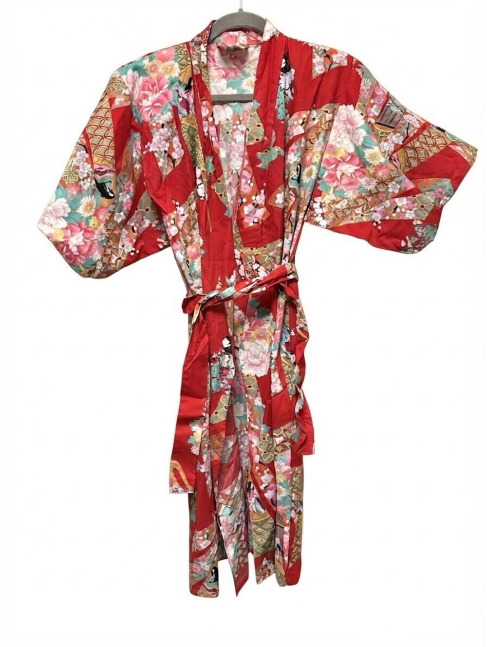 Vintage Sakurai Shoji Red Floral Kimono Robe Traditional Japanese Open Sleeve